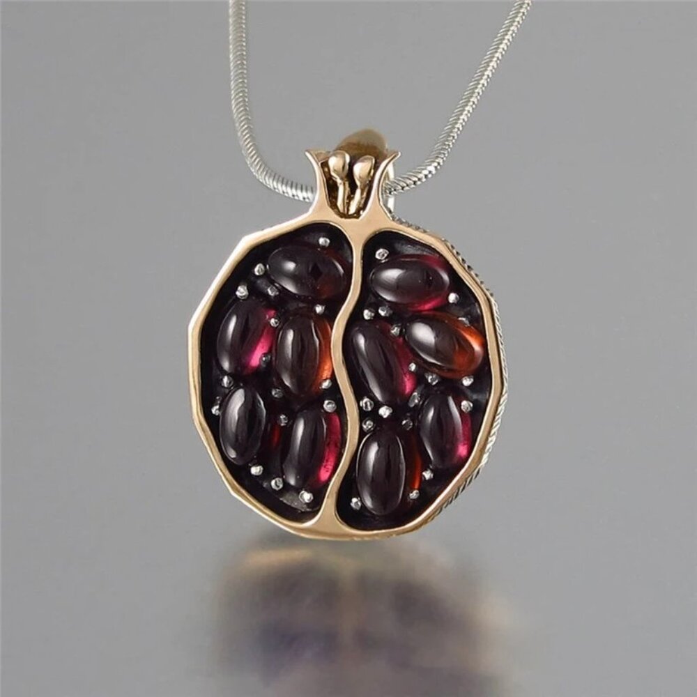 Gold Pomegranate Pendant‎ Necklace Garnet Gemstone Fruit Jewelry Gift